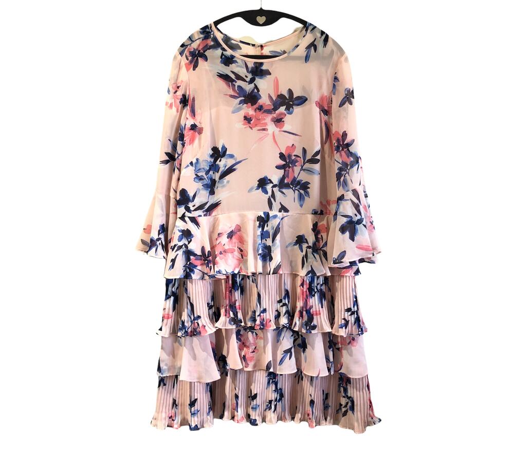 Eliza J Dress Size 12 Bell Sleeves Tiered Ruffle Chiffon Blush Pink Floral